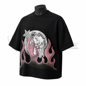 Camiseta Gráfica Extra Grande Personalizada, Estilo Vintage, Algodón Lavado, Streetwear, Estampado de Llamas, Moda Hip Hop, Fabricante OEM ODM - Product Image 3