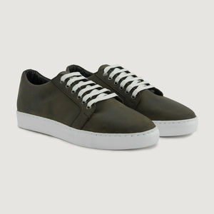 Vente en gros de baskets basses en cuir véritable olive pour hommes, chaussures habillées décontractées de haute qualité de marque OEM - Product Image 1