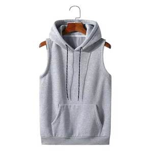 Hot Sale 100% Cotton Men's Sleeveless Hoodie Good Quality Zip Gym Hoody with Drawstring Vest Breathable and Printed Pattern - Product Image 5