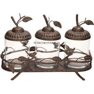 Base de textura martillada pulida brillante plateada de 2 compartimentos y tapa superior con soporte de diseño de hojas chapadas en oro Botes de vidrio transparente - Product Image 4