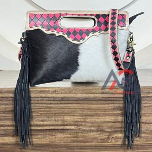 Sac à main pour femme en cuir de vachette véritable de haute qualité, fait main, à carreaux, élégant, à bandoulière unique, avec franges - Product Image 1