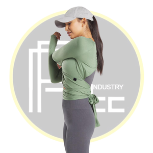 Conjunto de entrenamiento con lazo envolvente sin costuras para mujer, Top corto de manga larga y pantalones cortos de cintura alta, conjunto de ropa deportiva para yoga y gimnasio - Product Image 3