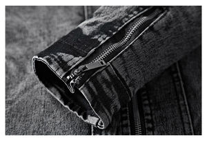 Blouson moto biker décontracté pour homme avec col montant Veste en toile denim avec trous détruits et poches Aspect jean délavé - Product Image 6