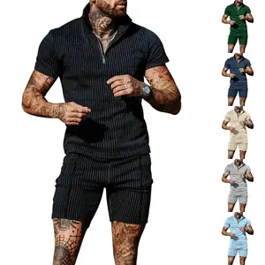 Men's summer beach style striped breathable zipper suit short sleeve Set shorts beach series Casual Design