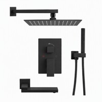 STOCCO Ensemble de douche de luxe noir mat encastré, avec pommeau de douche carré en laiton, douchette à main et bec de baignoire, pour projets hôteliers