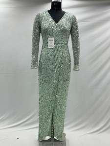 Pista Green Solid Pattern Maxi Vestido de cóctel con mangas bordadas Moda para bodas y fiestas - Product Image 6