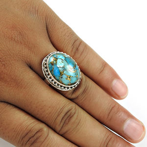 Bague ovale en argent sterling 925 avec pierre naturelle verte turquoise et cuivre pour femme, fournisseur de gros de bijoux faits main - Product Image 2