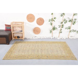 Alfombra turca clásica Vintage de 4,8x7,1 pies, diseño de retales amarillos, Material de lana, respaldo de látex para sala de estar, pasillo, entrada - Product Image 1