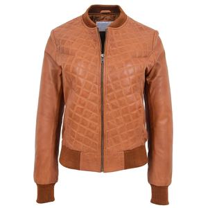 Chaqueta Bomber de cuero acolchado para mujer, chaqueta de cuello tejido a rayas, piel bronceada auténtica - Product Image 1