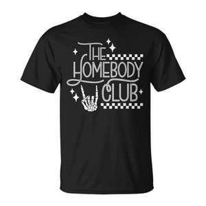 T-shirt The Homebody Club in cotone nero, girocollo unisex, abbigliamento casual - Product Image 1
