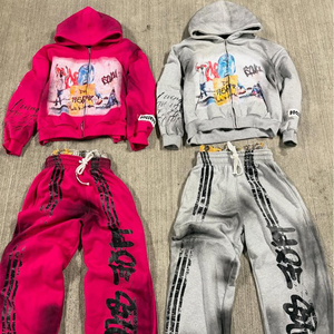 Wholesale Fashion <b>Hoodie</b> & jogger with Acid Wash DTG Direct Print Pullover Zipper for Men's <b>hoodie</b> Set - Product Image 1