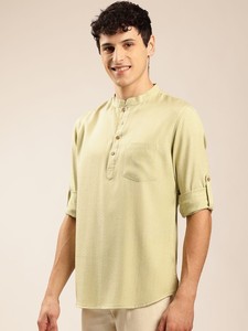 <b>men</b> <b>green</b> ivory coloured solid mandarin collar kurta short kurta polyester viscose long sleeves curved hem kurta <b>for</b> <b>mens</b> - Product Image 4