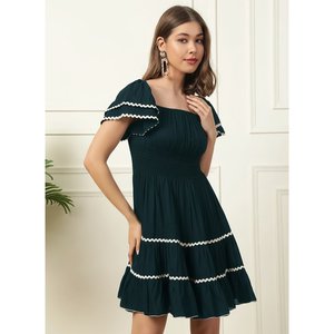 Deebaco Women's Teal Blue Solid A-Line Lace-Up Tiered Mini <b>Dress</b> With Ruffle Sleeve Square Neck Casual Summer Style - Product Image 5
