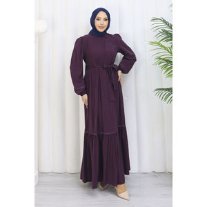 Robe décontractée trapèze prune avec ceinture rose, demi-boutonnée et taille naturelle - Product Image 2