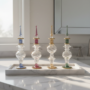 LW50 Flacons de parfum élégants en verre soufflé de style bohème, décoratifs pour commode, dessus colorés, accents dorés, design torsadé, faits à la main - Product Image 1