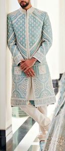 2024 elegante novio de seda Sherwani con hermoso bordado Dabka trabajo cuentas de cristal combinado con pantalón y zapato de traje de boda - Product Image 2