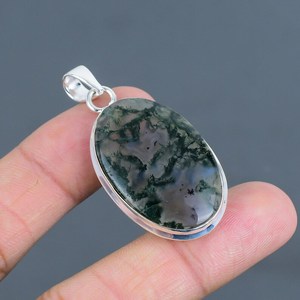 Top Qualité Naturel Mousse Agate Ovale Cabochon Solide 925 En Argent Sterling Plaqué Designer Pendentif Femmes En Gros Bijoux - Product Image 1