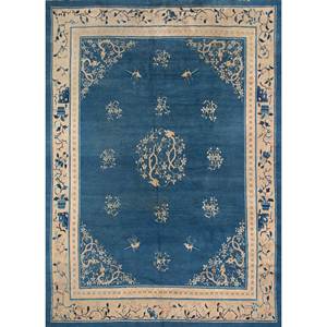 Alfombra de Lana Anudada a Mano Azul Pechino, Diseño Floral Clásico, Rectangular 9x12, Alfombra Hecha a Mano para Sala de Estar o Pasillo - Product Image 1