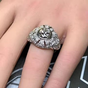 14K oro blanco Deco antiguo europeo festoneado cóctel anillo 2CT Lab Grown Diamond Dome compromiso corte bisel ajuste para boda - Product Image 4