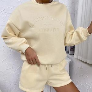 Conjunto de Sudadera y Pantalones Cortos de Punto Casual para Mujer, por Encima de la Rodilla, de Felpa Cepillada, Suave, Cálido y Acogedor, de Dos Piezas - Product Image 4