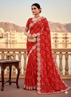 Sari de Boda Tradicional de Georgette Pura con Estampado Bandhani de Jodhpur, Pallu con Trabajo Pita y Borde Butti