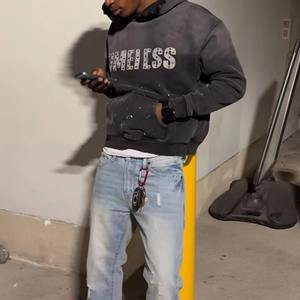 Sweat à capuche pour homme de luxe 400GSM, coupe ample, avec strass et délavage acide vieilli, sweat à capuche personnalisé avec strass - Product Image 5