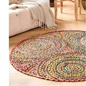 Tapis rond tressé multicolore fait à la main, tapis de sol en coton et jute écologique pour le salon, la chambre à coucher, la décoration intérieure - Product Image 4