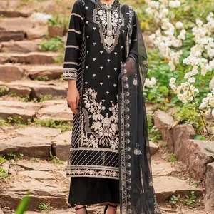印度巴基斯坦设计师草坪棉Salwar Kameez套装女性准备穿黑色衬衫长裤Duppata 3PCS连衣裙