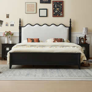 Traditional <b>Platform</b> <b>Bed</b> Queen Size Solid Wood <b>Frame</b> Soft Upholstered Headboard Black Finish - Product Image 2