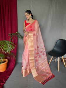 Pattern- Jacquard Zari Weaving <b>Saree</b> With Jacquard Weaving Border Having Rich Pallu. Motifs All Over the Border of the <b>Saree</b> - Product Image 2