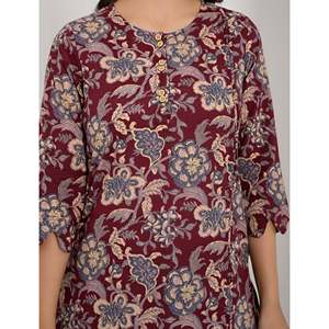 ชุดเซ็ตผ้าฝ้ายพิมพ์ลายดอกไม้สีแดงเลือดหมู 2 ชิ้น ชุดลำลองใส่ได้ทุกวัน ไซส์ XS/XS แขนสามส่วน เหมาะสำหรับใส่ไปทำงาน - Product Image 2