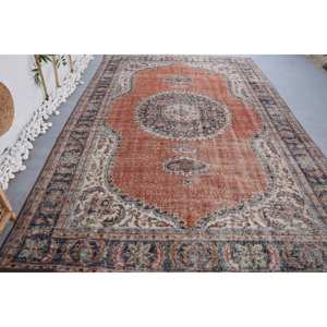 Alfombra turca Vintage de 6,9x10,8 pies, diseño de retazos naranja y azul, técnica de tejido plano de lana, látex para decoración de sala de estar - Product Image 4