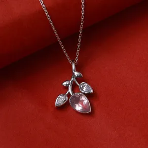 Pendentif romantique en argent 925 en forme de feuille avec cristal rose et strass taillés en poire pour femme, à porter au quotidien - Product Image 4