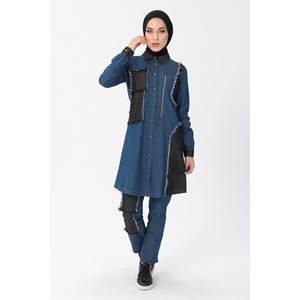 Ensemble deux pièces en jean bleu foncé pour femme avec fermeture éclair, combo hijab MSW10074-2, pantalon long décontracté mi-longueur, ample, XS-XL - Product Image 4