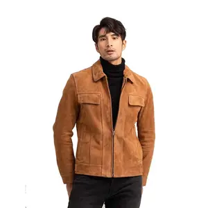 Manteau court de moto vintage en peau de mouton daim veste en cuir véritable pour hommes revers à manches longues vêtements de rue d'automne pour hommes