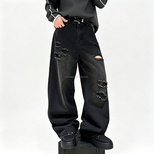 Jeans pour hommes coupe bootcut, style streetwear hip-hop décontracté, jambe large, délavage stone wash, coupe droite ample, jeans de mode pour hommes - Product Image 1