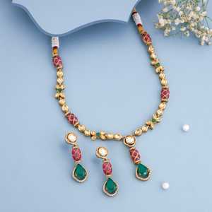 Kundan 189243 Bridal Jewelry Set Gold Plated Brass <b>Necklace</b> with Zircon Pearl Diamond Wedding Ring Included - Product Image 2