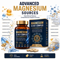 Capsules de complexe de magnésium 12 en 1, 12 types de magnésium actifs, absorption élevée, relaxation, sommeil, muscles, nerfs, OEM, étiquette privée