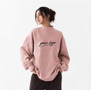 เสื้อสเวตเชิ้ตคอเต่าทรงโอเวอร์ไซส์สำหรับผู้หญิง สีชมพู ไหล่ตก ผ้าฝ้าย พิมพ์ลายตัวอักษรด้านหน้า สไตล์สตรีทแวร์สำหรับฤดูใบไม้ร่วง - Product Image 1