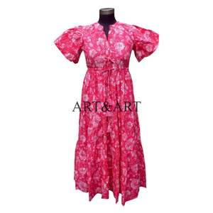 Belle Vintage Floral Écologique Numérique Imprimé Maxi Robe Femmes Manches Courtes Coton Indien Naturel Taille Mariage - Product Image 1