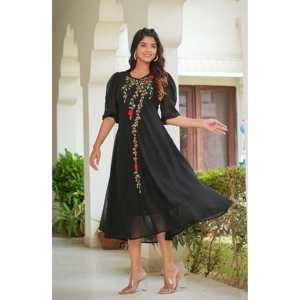 Robe Anarkali brodée de fleurs en noir Vêtements et accessoires traditionnels musulmans - Product Image 3