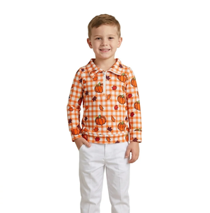 Polo à manches courtes en tissu respirant Spandex/Polyester à motif écossais citrouille pour garçons – Tenue décontractée d'automne - Product Image 4