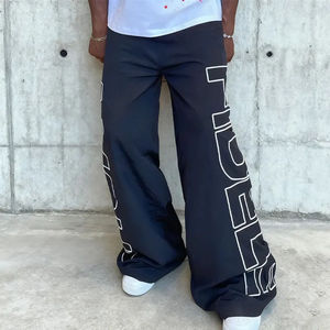 Nouveau pantalon baggy en nylon 2026 avec ceinture élastique, ceinture réglable, fermeture éclair et bouton, poches, jambe large, couleur noire - Product Image 3