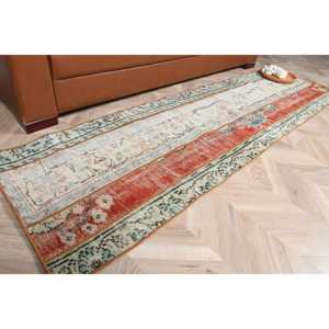 Vintage <b>Runner</b> Rug 2.2x7.5 ft (67x228 cm), Turkish <b>Red</b> Moroccan Wool Rug - Product Image 1
