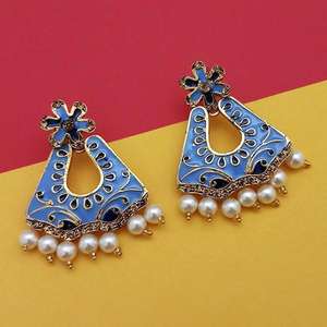 Kriaa Austrian Stone <b>Blue</b> Meenakari Dangle Earrings Fine 1314238G Model - Product Image 1