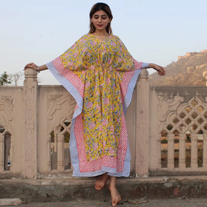 Caftán con estampado de bloque de mano de algodón 100% ecológico, cómodo, elegante, estampado Floral, borde elegante, informal, bohemio, borla modesta - Product Image 1