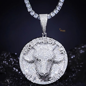 <b>Personalized</b> White <b>Gold</b> Rhodium Plated 925 Silver Moissanite Bull Head <b>Medallion</b> Pendant <b>Necklace</b> Iced Hip Hop Jewelry Gift GRA - Product Image 4