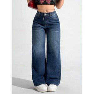 Jeans de Mujer Tallas Grandes Azul Oscuro de Pierna Recta, Ajuste Regular, Elásticos, de Mezclilla, Pantalones de Pierna Ancha Media, OEM, Verano, Lavados, Casuales - Product Image 3