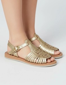 Sandales plates dorées à bout ouvert avec bride cheville, lanière tressée et boucle, en cuir véritable, talon bas, sans lacets, été - Product Image 6