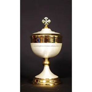 Brass Church Ciborium With Shiny Polish & White Enamel Finishing Round Shape Excellent Quality Cross On Lid For Drinking